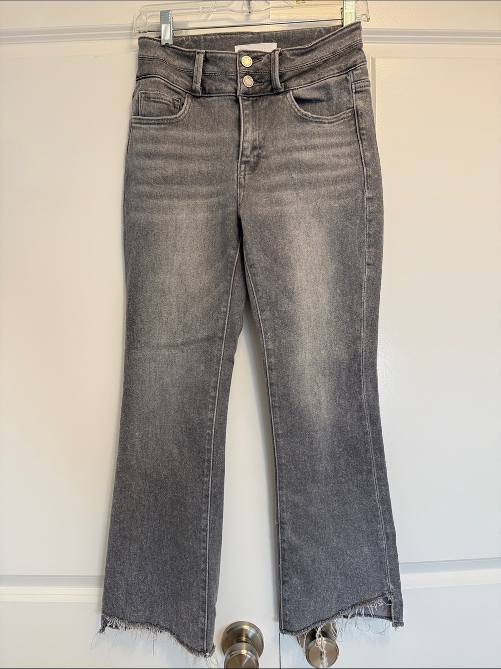 High-Rise Gray Flared Jeans with Raw Hem